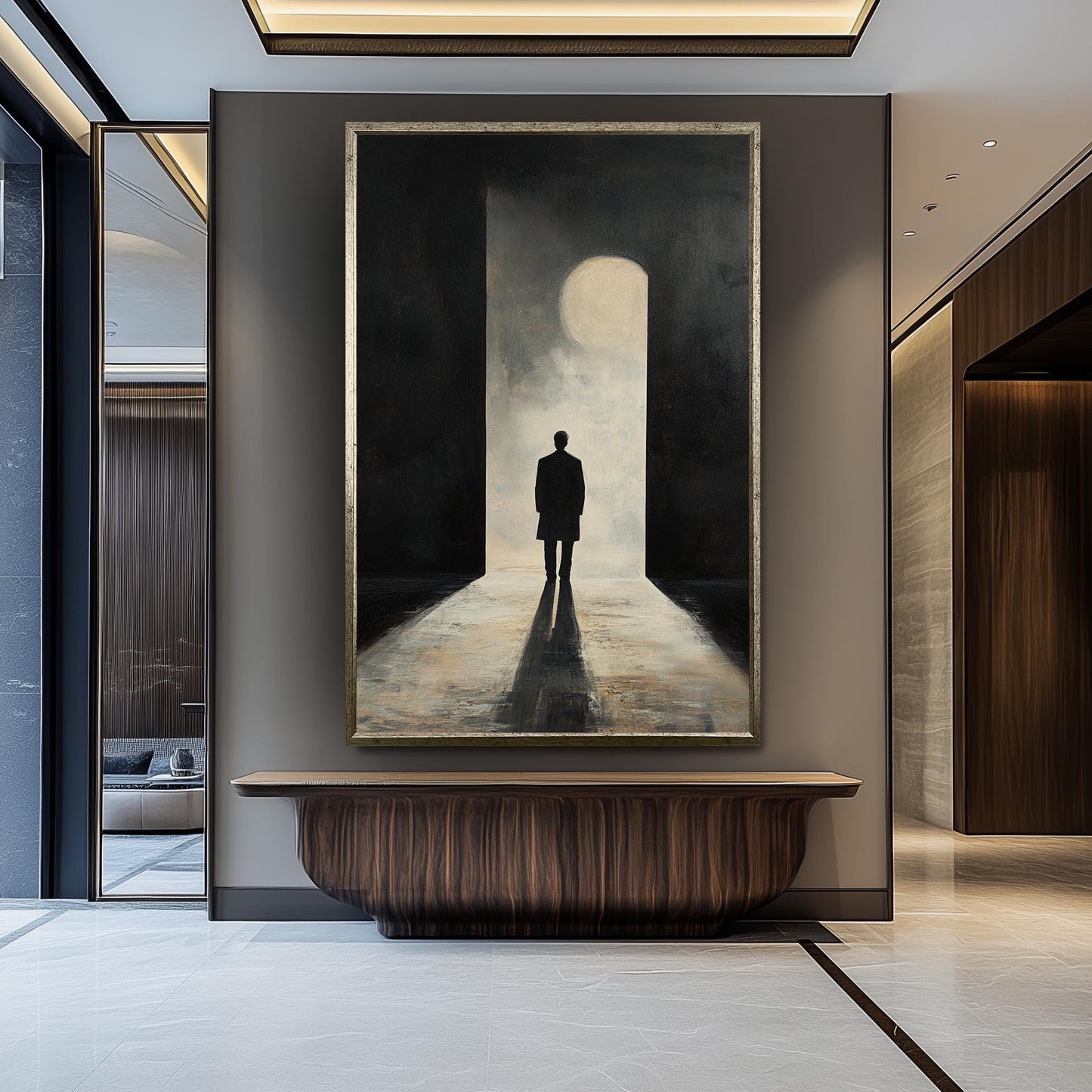 Minimalist Silhouette Wall Art Canvas Print  Moody Man in Doorway Modern Painting, Dark Abstract Shadow Art for Contemporary Spaces Man Art