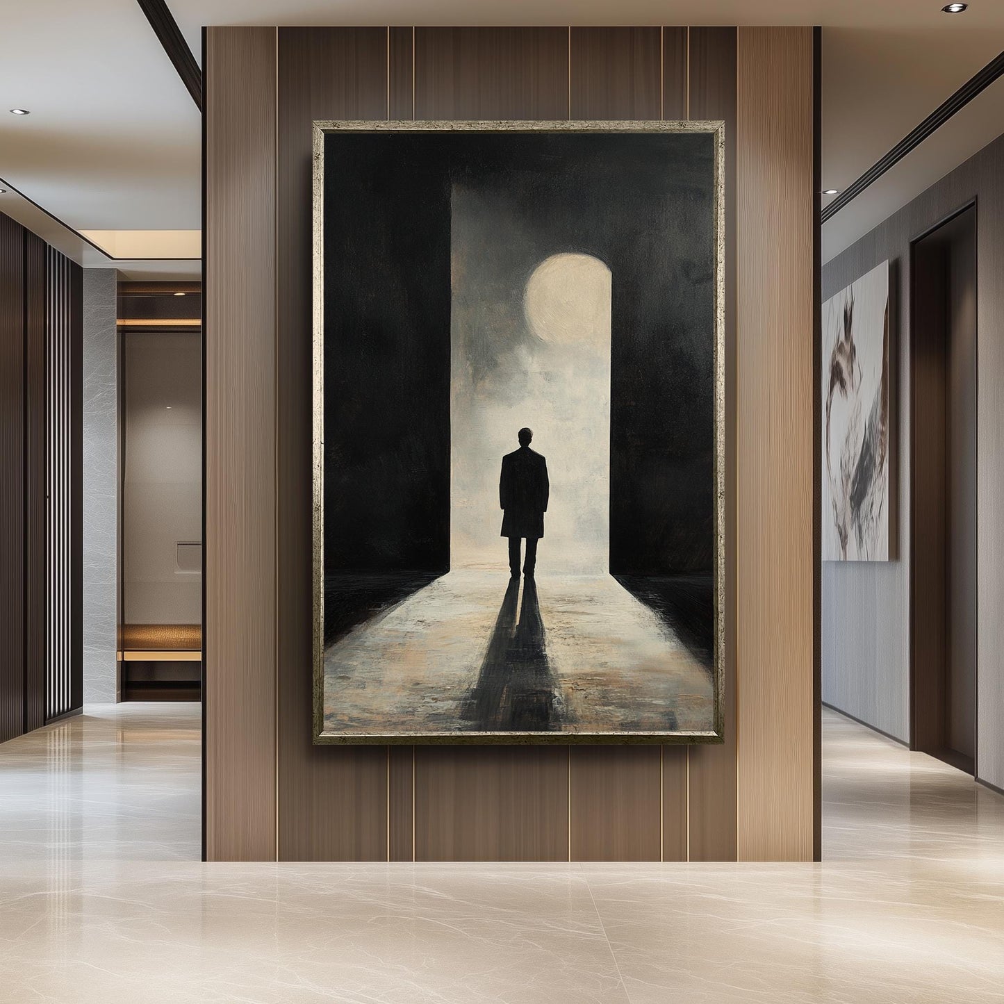 Minimalist Silhouette Wall Art Canvas Print  Moody Man in Doorway Modern Painting, Dark Abstract Shadow Art for Contemporary Spaces Man Art