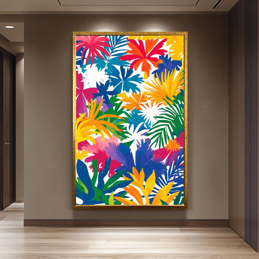 Tropical Leaf Pattern Wall Art Print  Colorful Papercut Inspired Flat Design for Modern Jungle Theme Home, Bold Vibrant Botanical Decor