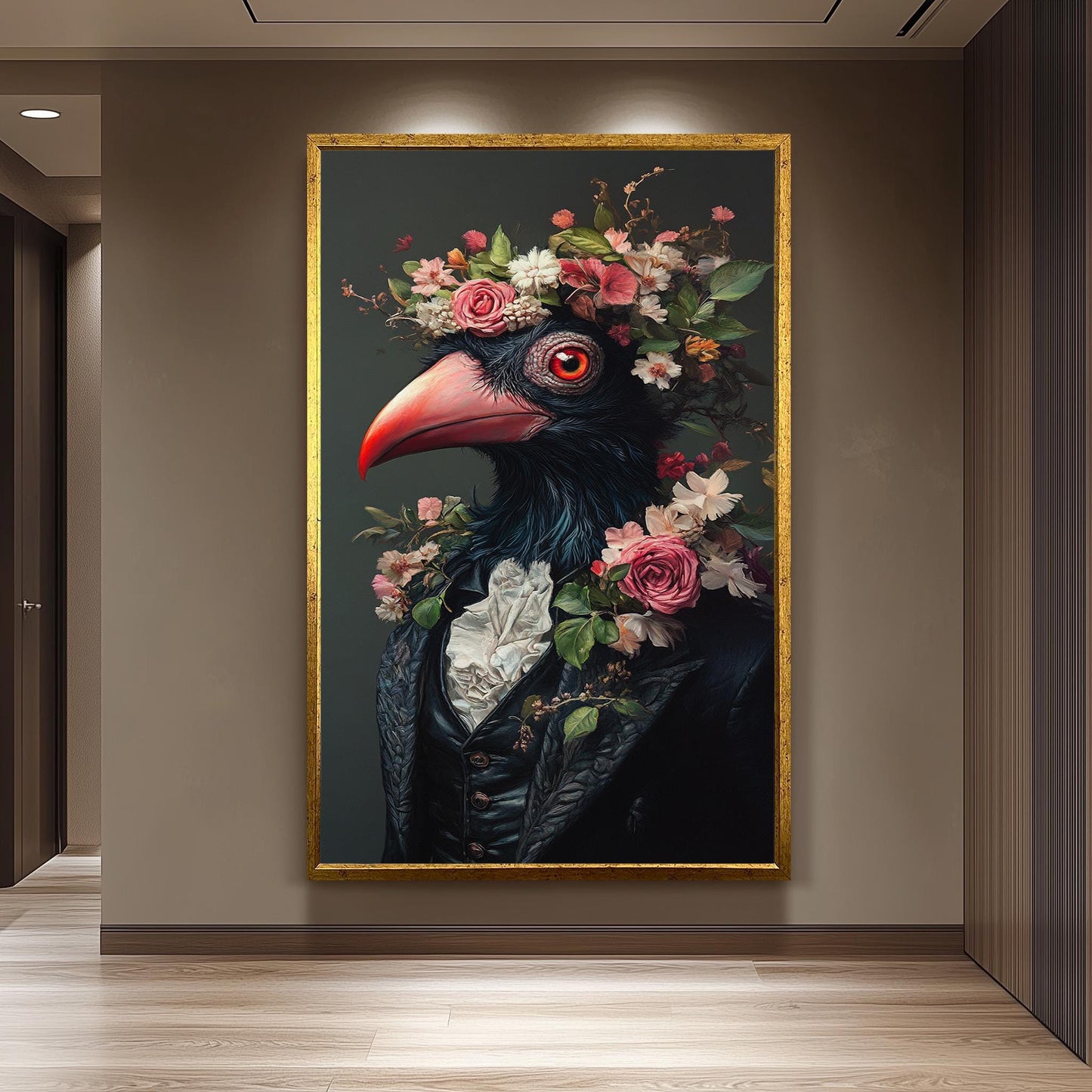 Victorian Bird Portrait Canvas: Surreal Floral Animal Wall Art