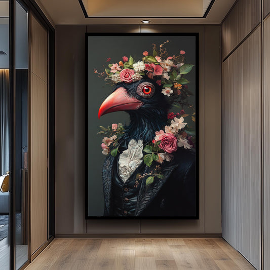 Victorian Bird Portrait Canvas: Surreal Floral Animal Wall Art
