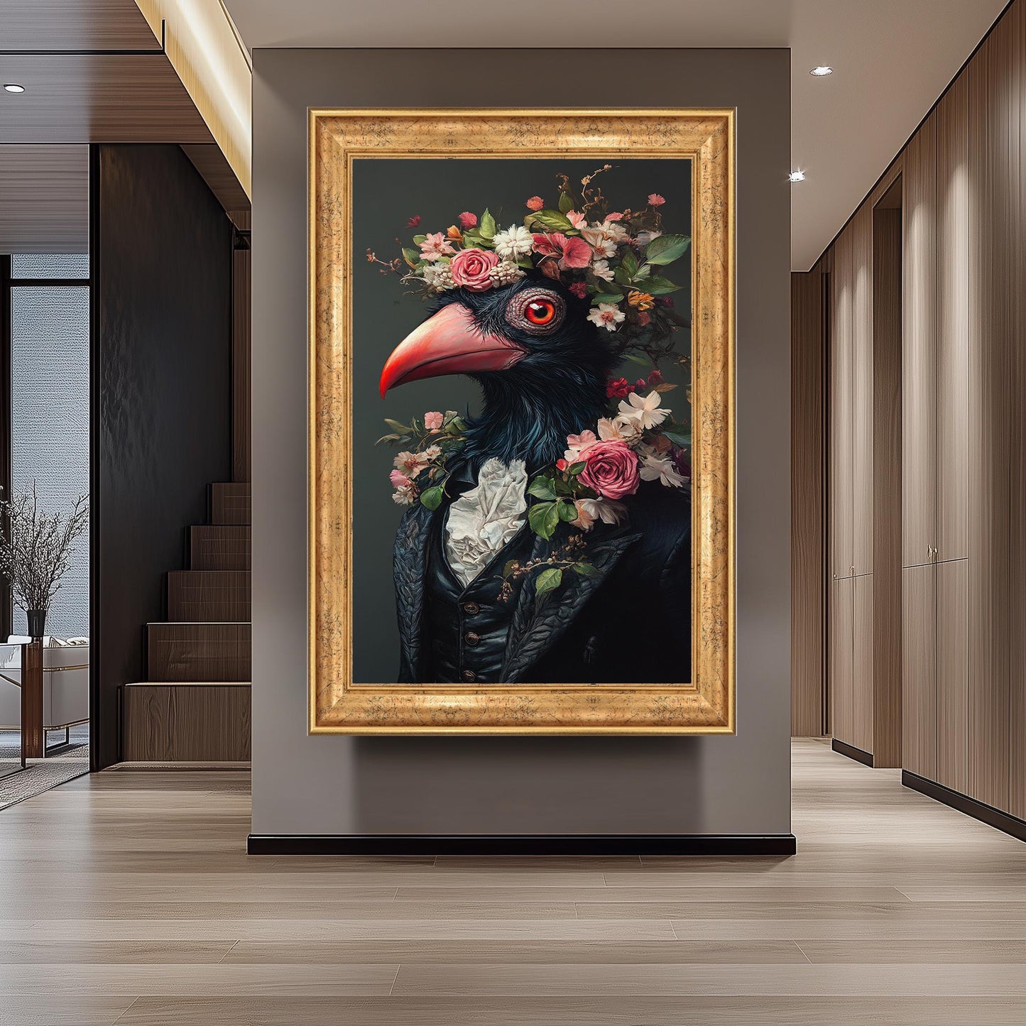 Victorian Bird Portrait Canvas: Surreal Floral Animal Wall Art