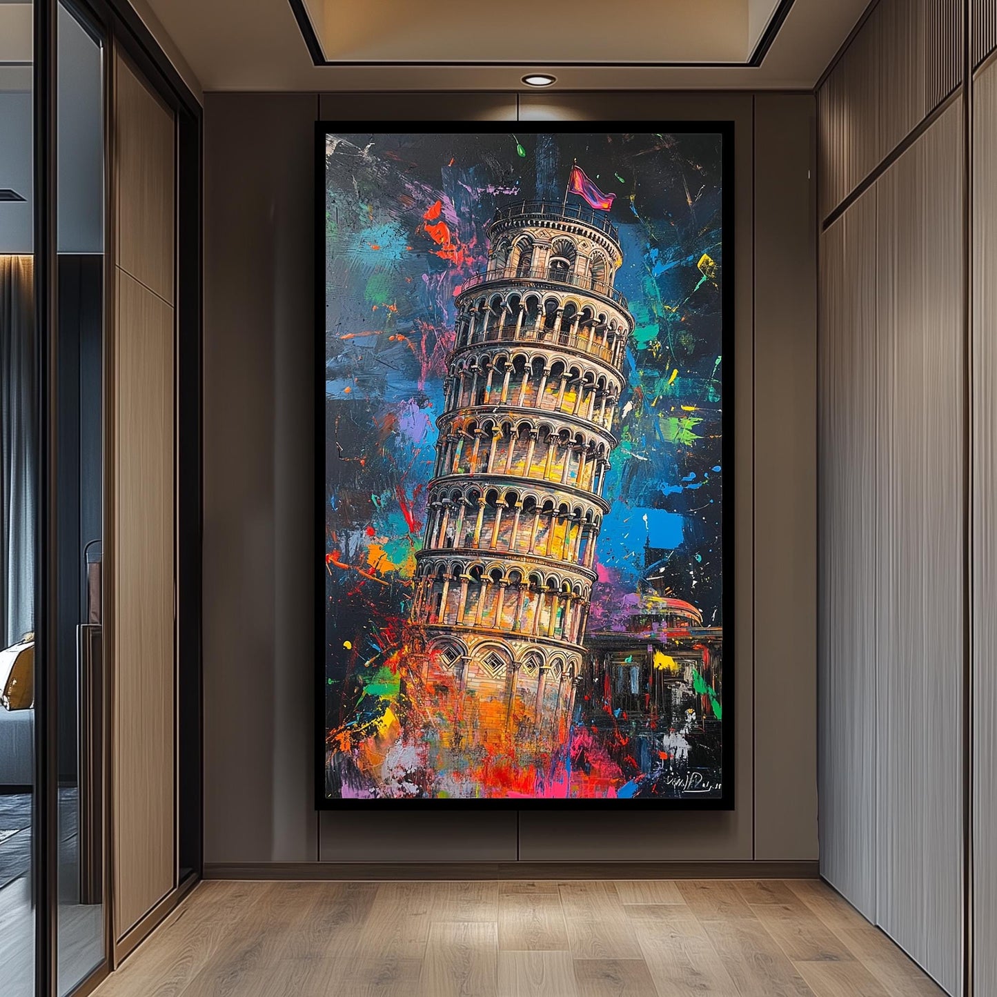 Colorful Leaning Tower of Pisa Wall Art Print, Vibrant Italy Landmark Canvas, Modern Abstract Travel Decor, Urban Splash Painting Poster