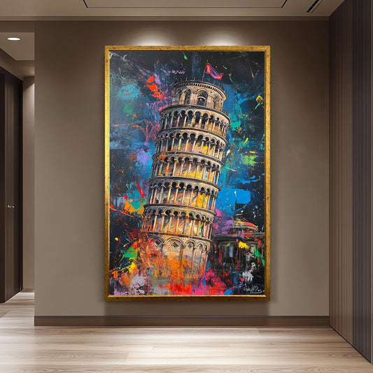 Colorful Leaning Tower of Pisa Wall Art Print, Vibrant Italy Landmark Canvas, Modern Abstract Travel Decor, Urban Splash Painting Poster