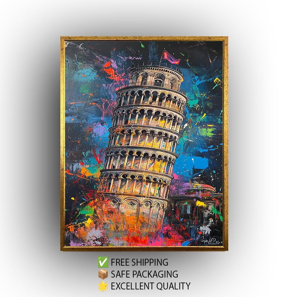 Colorful Leaning Tower of Pisa Wall Art Print, Vibrant Italy Landmark Canvas, Modern Abstract Travel Decor, Urban Splash Painting Poster