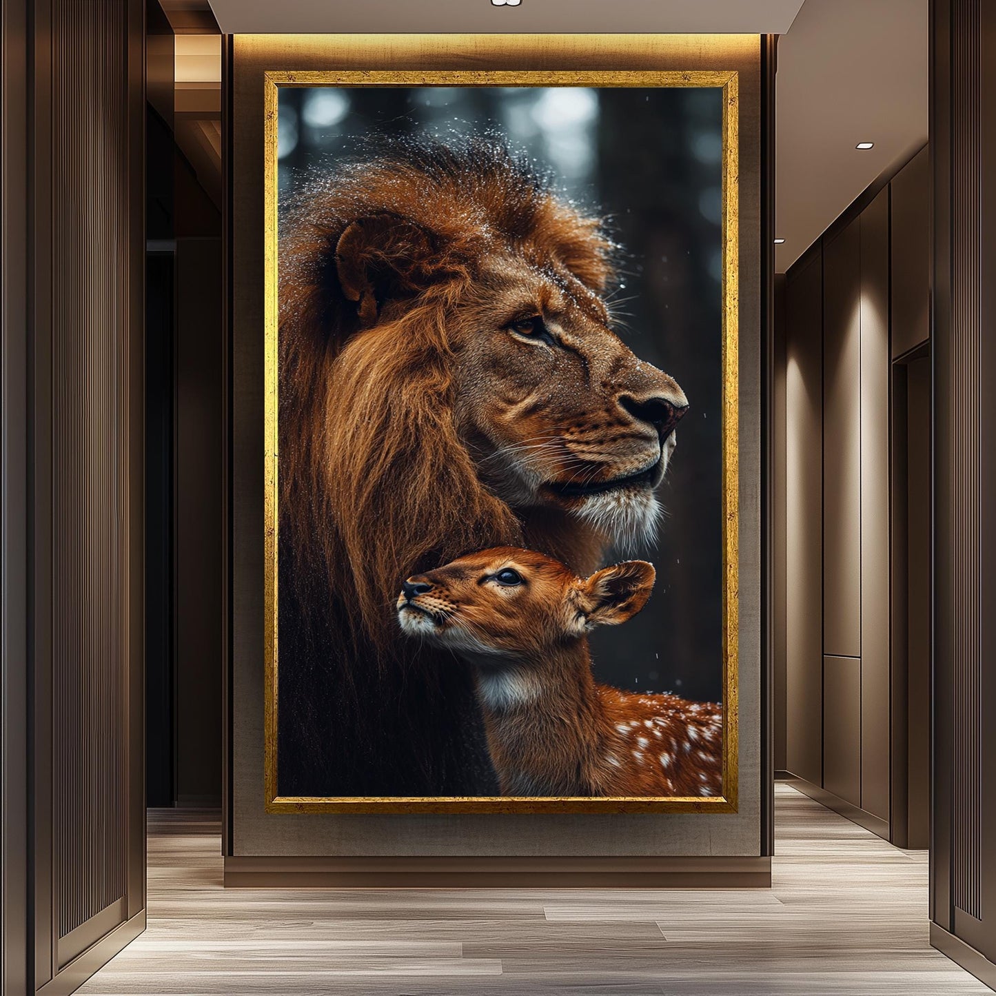 Majestic Lion and Baby Deer Wall Art Print, Unique Wildlife Photography Poster, Forest Lion And Deer Wall Art, Animal Painting, Forest Art