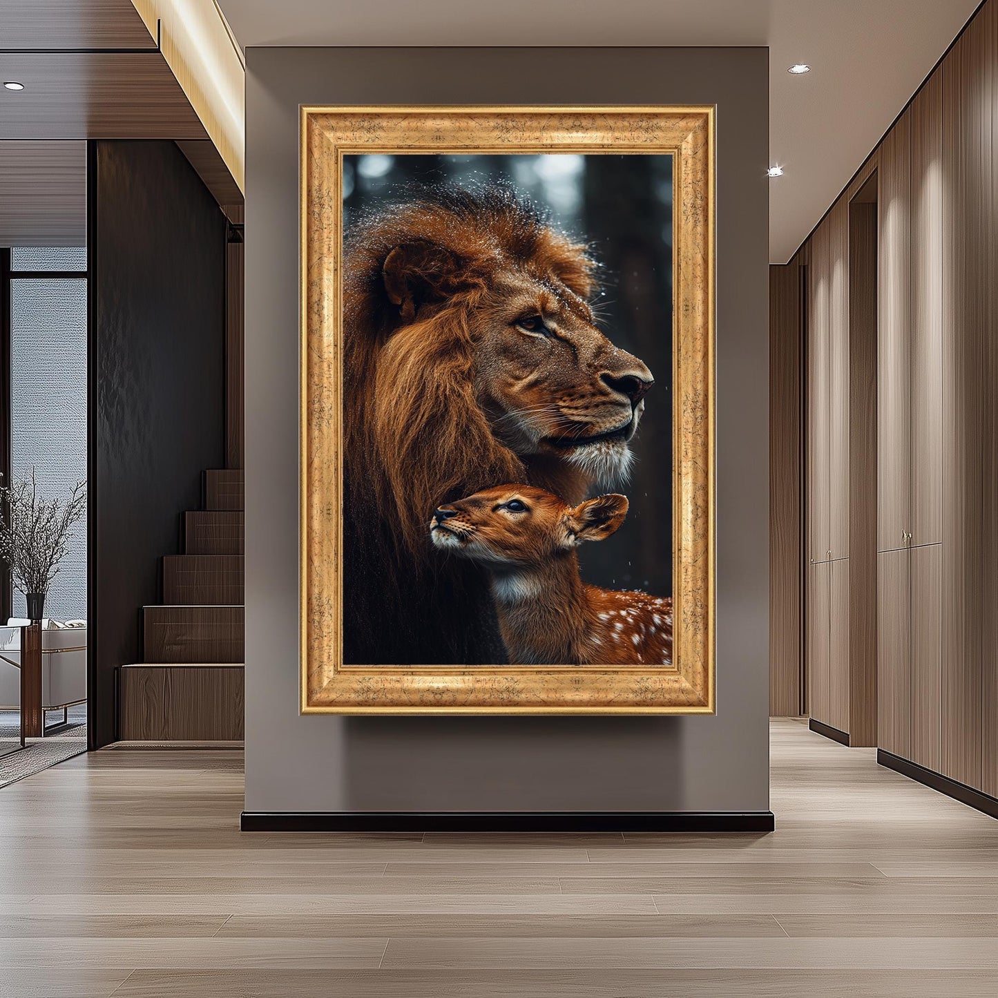 Majestic Lion and Baby Deer Wall Art Print, Unique Wildlife Photography Poster, Forest Lion And Deer Wall Art, Animal Painting, Forest Art