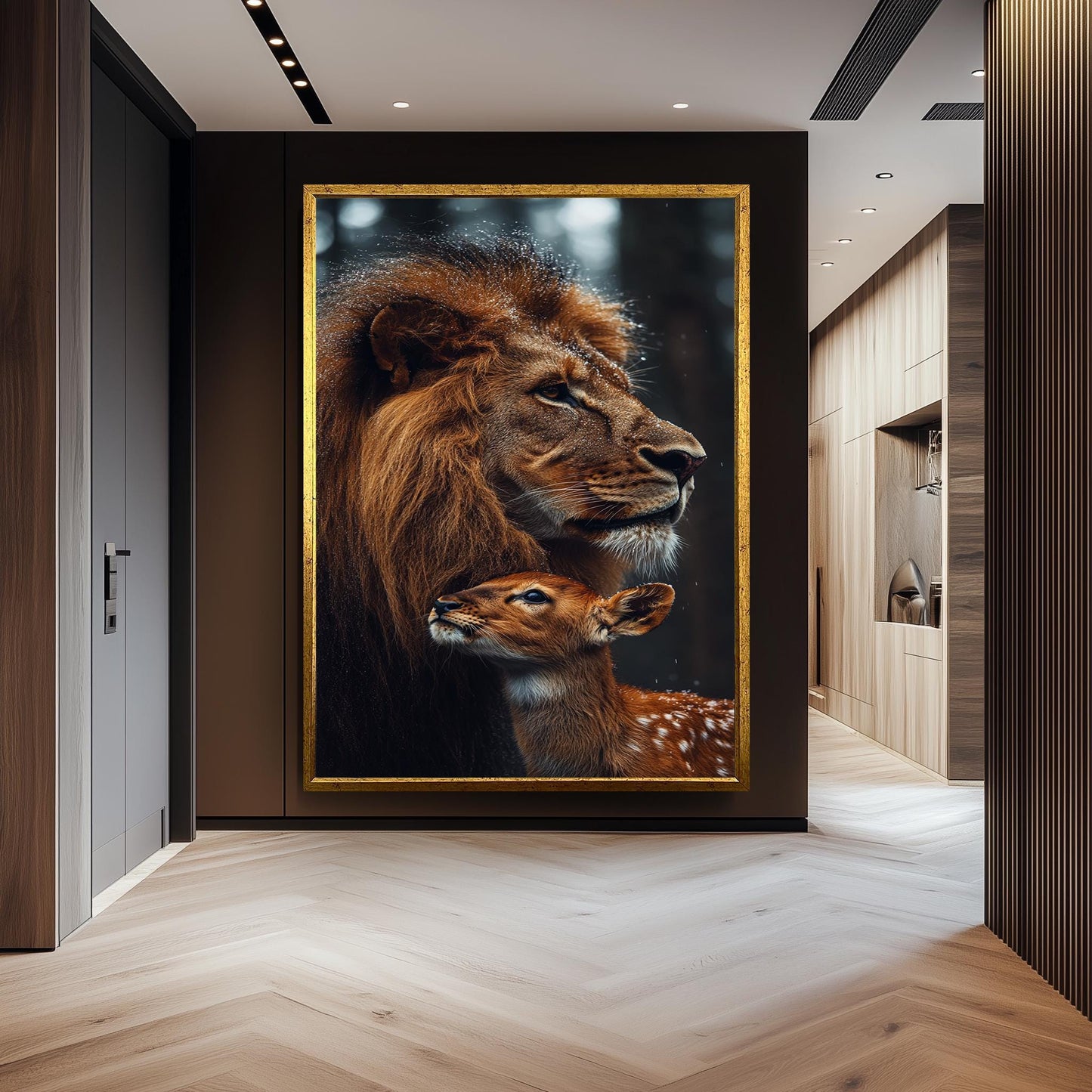 Majestic Lion and Baby Deer Wall Art Print, Unique Wildlife Photography Poster, Forest Lion And Deer Wall Art, Animal Painting, Forest Art