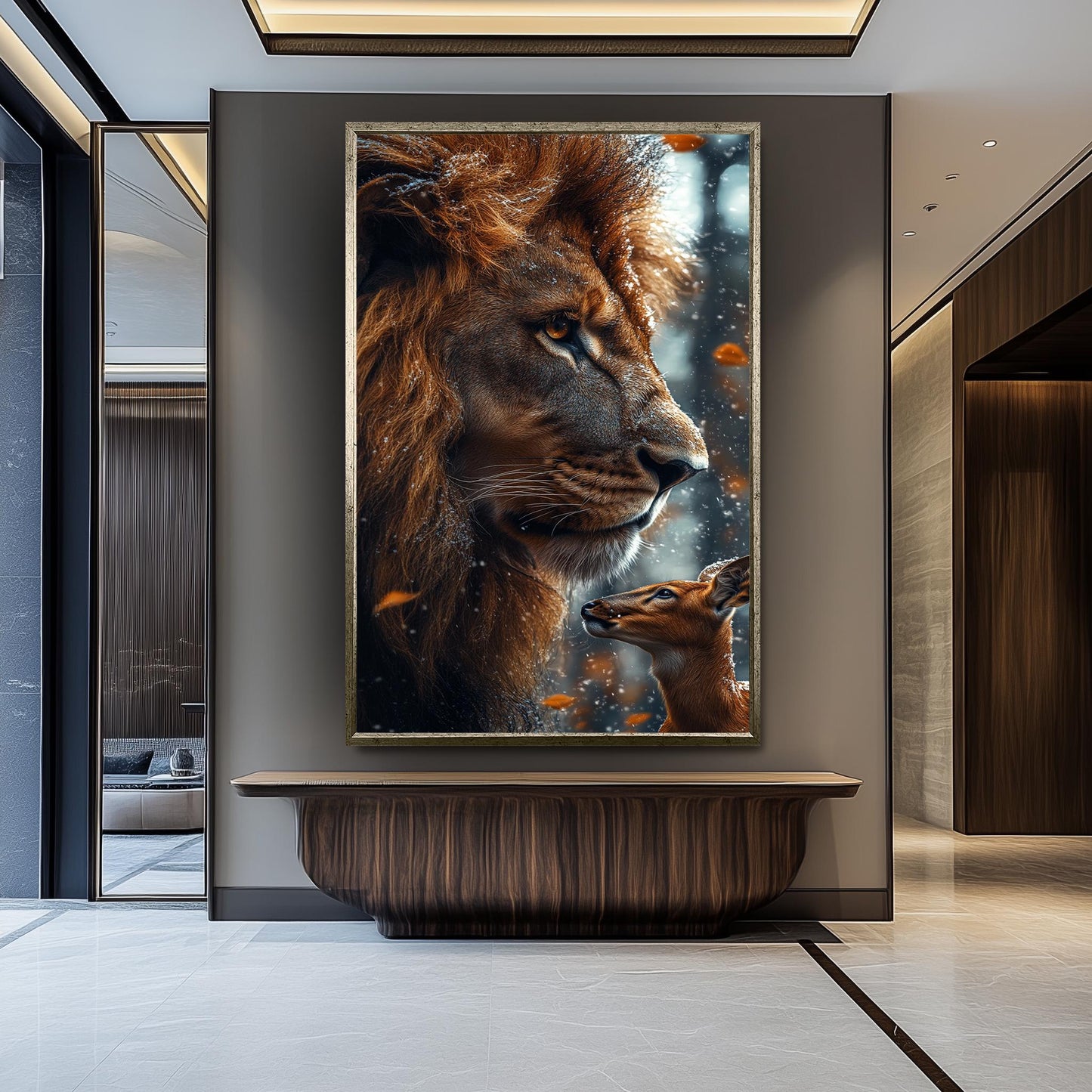 Lion and Deer Winter Forest Canvas Art Print: Wildlife Photography