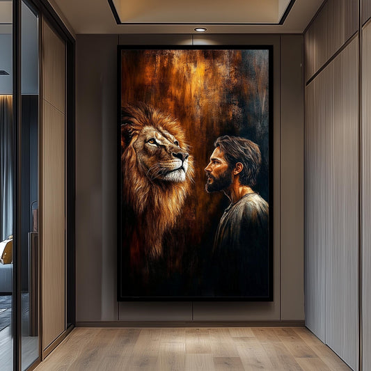 Jesus and Lion Spiritual Wall Art Print, Christian Religious Painting Poster, Symbolic Strength and Faith Canvas, Inspirational Home Decor