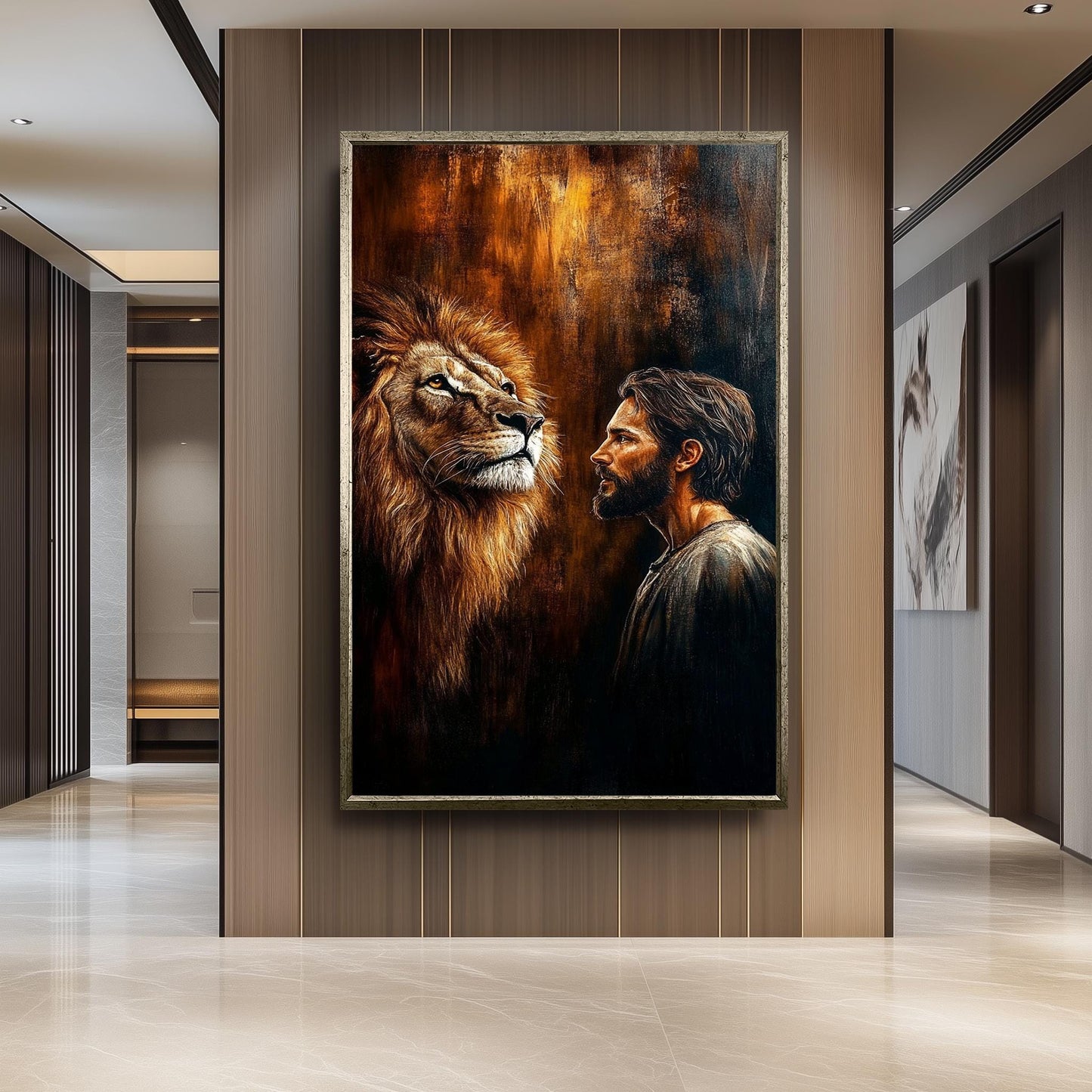Jesus and Lion Spiritual Wall Art Print, Christian Religious Painting Poster, Symbolic Strength and Faith Canvas, Inspirational Home Decor