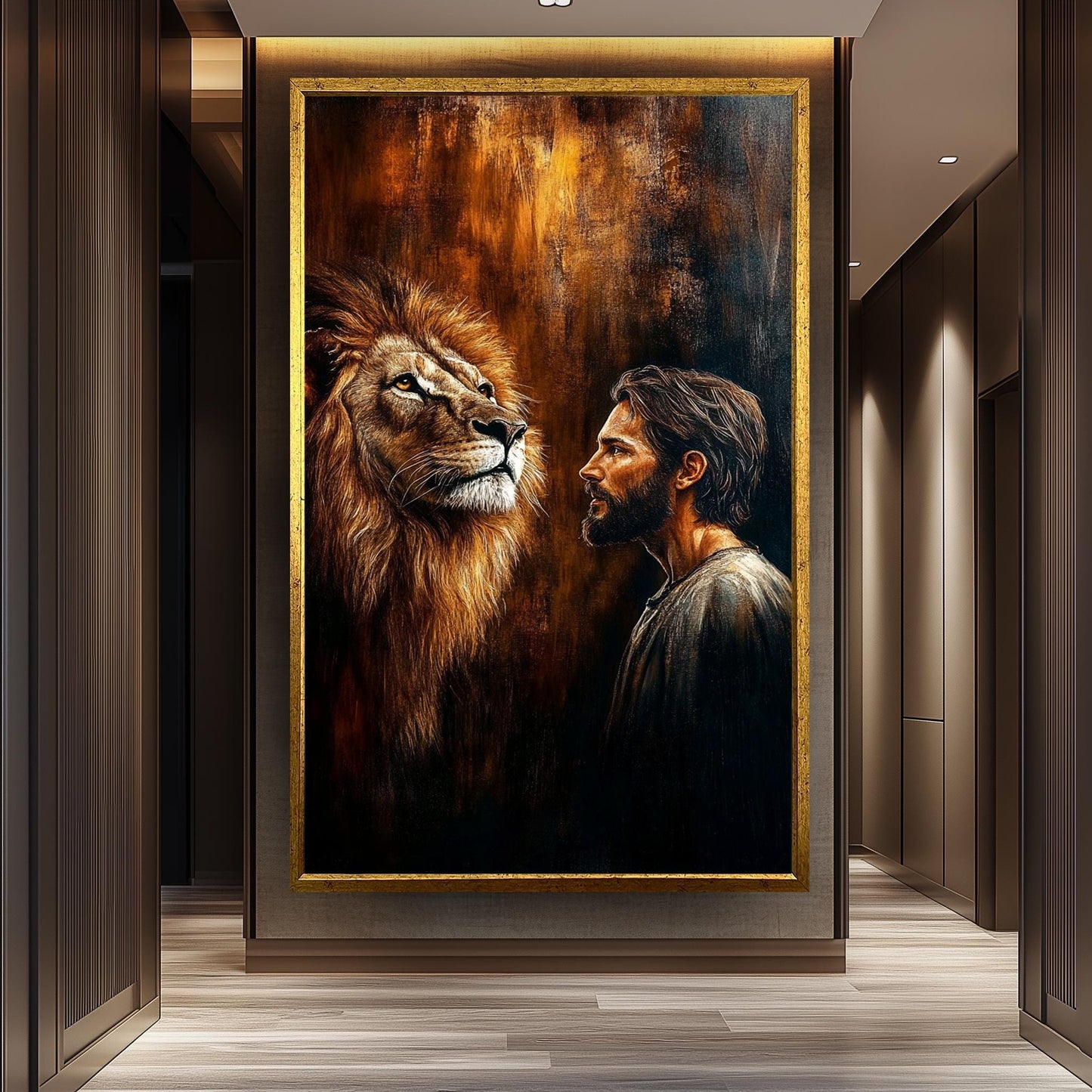 Jesus and Lion Spiritual Wall Art Print, Christian Religious Painting Poster, Symbolic Strength and Faith Canvas, Inspirational Home Decor