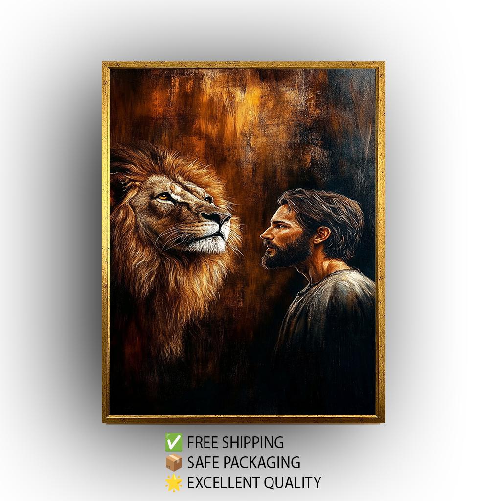 Jesus and Lion Spiritual Wall Art Print, Christian Religious Painting Poster, Symbolic Strength and Faith Canvas, Inspirational Home Decor