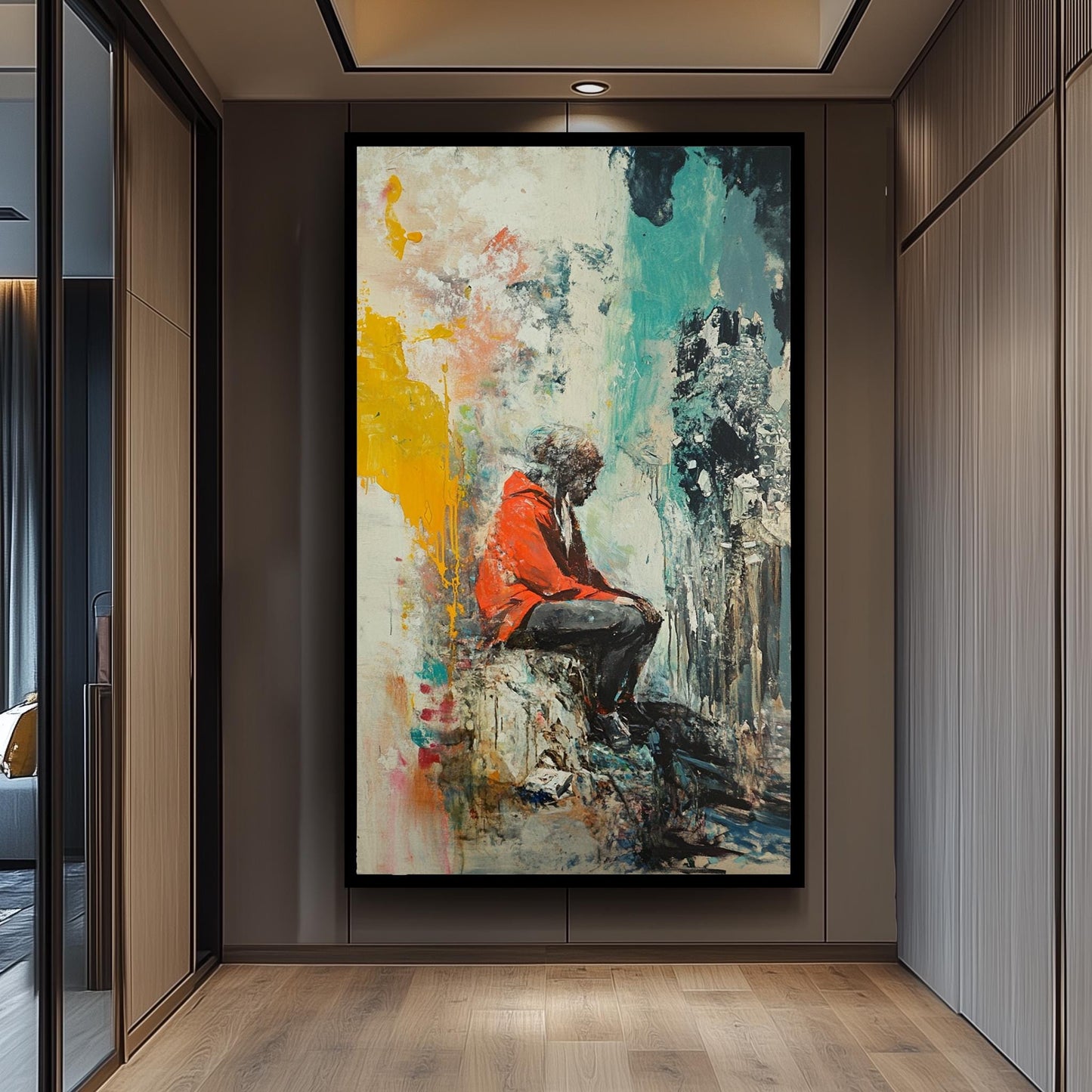 Emotional Urban Wall Art of a Lonely Person in Red Jacket Sitting Among Abstract Textures and Colors Street Style Canvas Painting Print