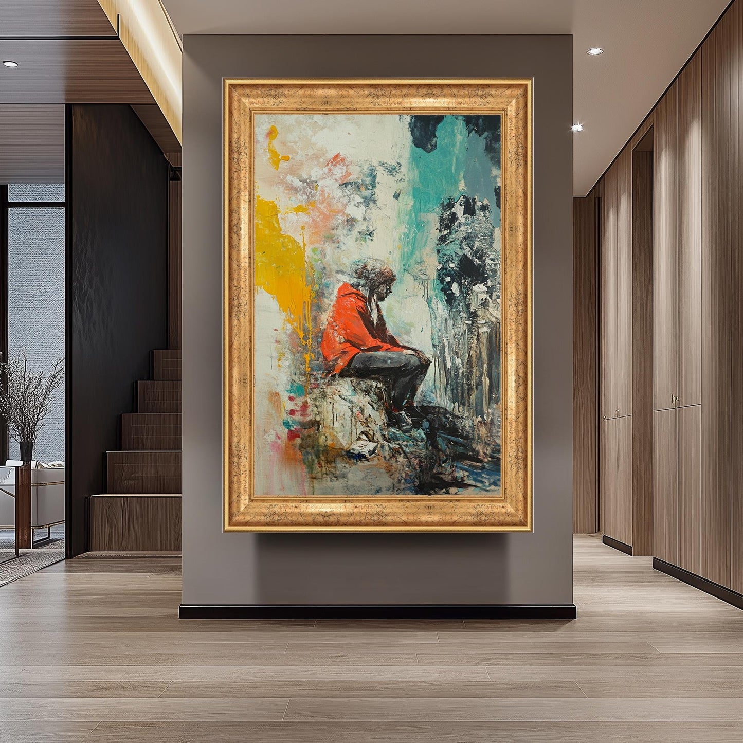 Emotional Urban Wall Art of a Lonely Person in Red Jacket Sitting Among Abstract Textures and Colors Street Style Canvas Painting Print