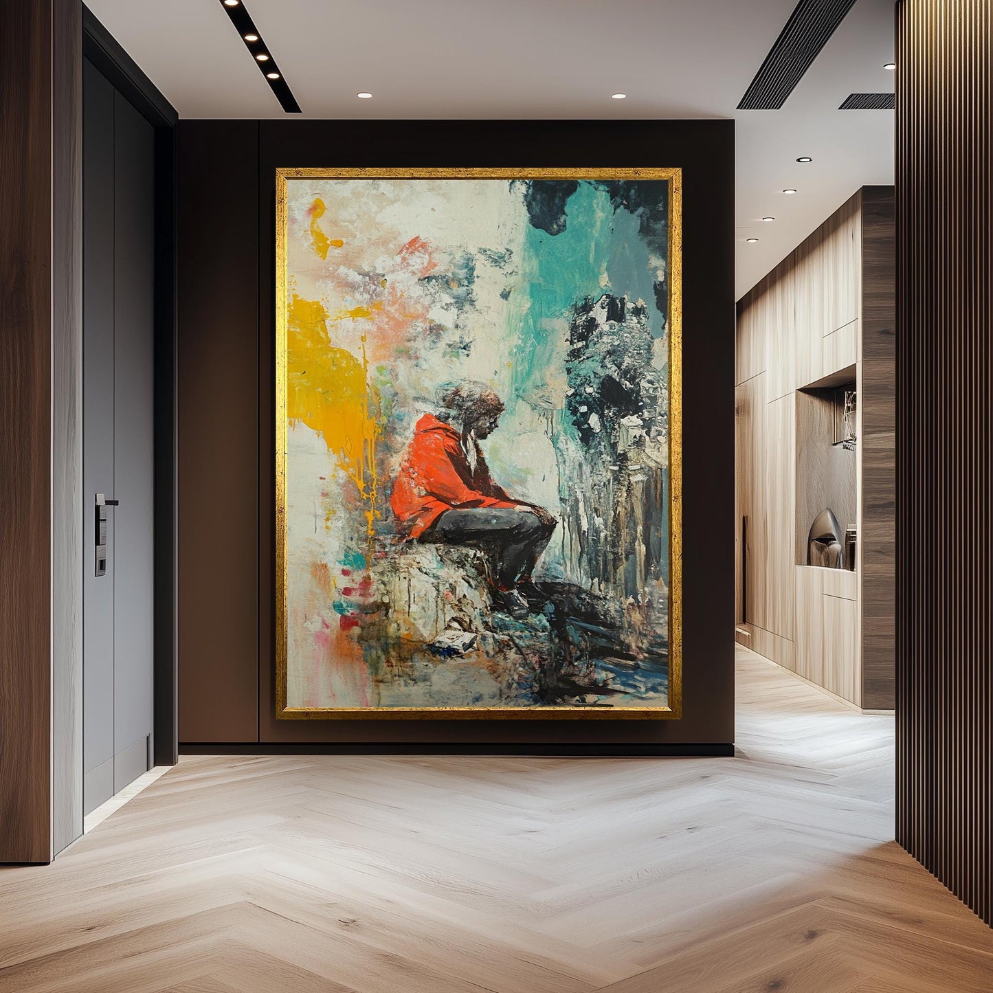 Emotional Urban Wall Art of a Lonely Person in Red Jacket Sitting Among Abstract Textures and Colors Street Style Canvas Painting Print