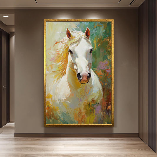 Majestic White Horse Oil Painting Wall Art with Colorful Abstract Brush Strokes for Rustic Farmhouse or Boho Animal Lovers Home Decor
