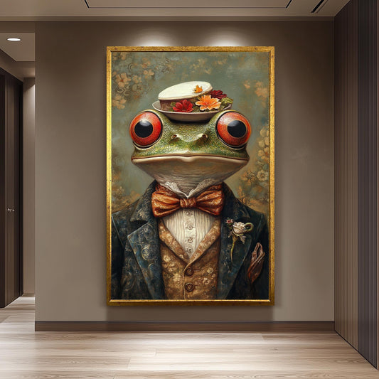 Victorian Frog Portrait: Whimsical Animal Painting with Floral Hat