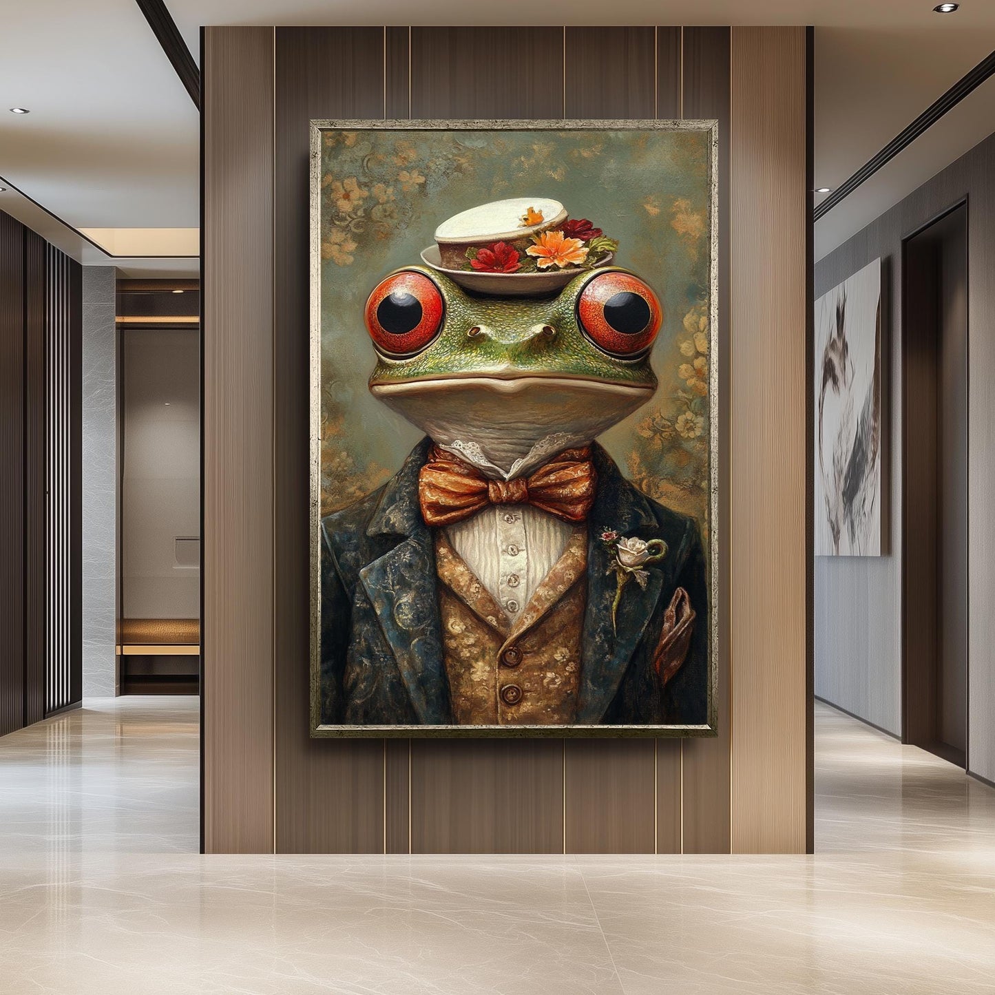 Victorian Frog Portrait: Whimsical Animal Painting with Floral Hat