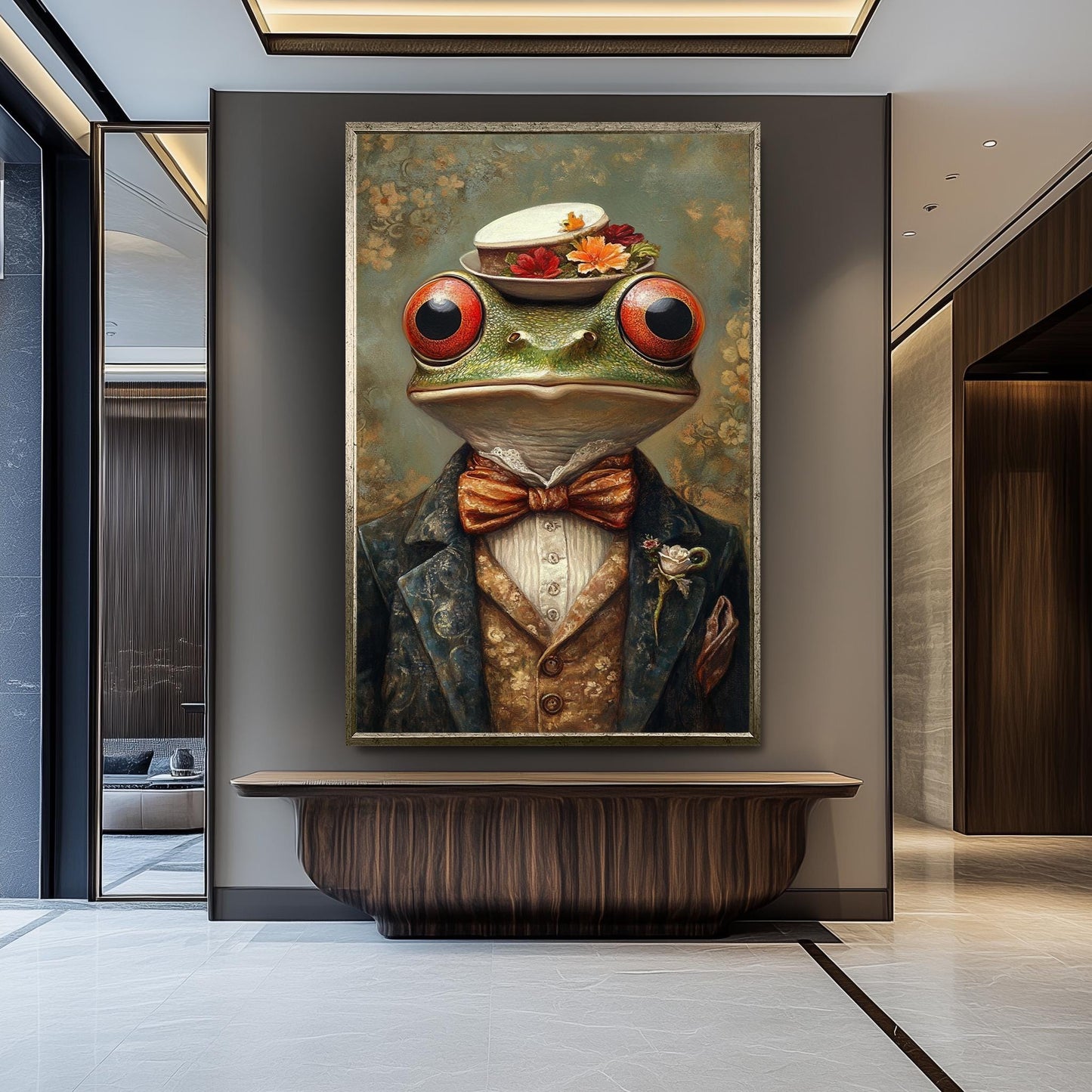 Victorian Frog Portrait: Whimsical Animal Painting with Floral Hat