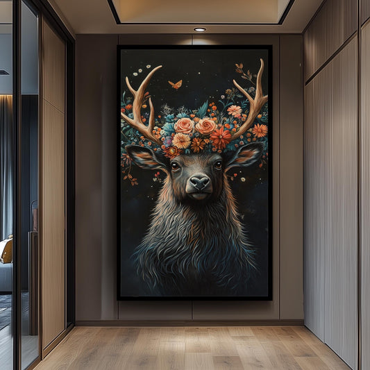 Surreal Floral Deer Portrait Wall Art with Antlers and Colorful Flowers in Dark Fantasy Woodland Style for Boho or Nature Decor Deer Artwork