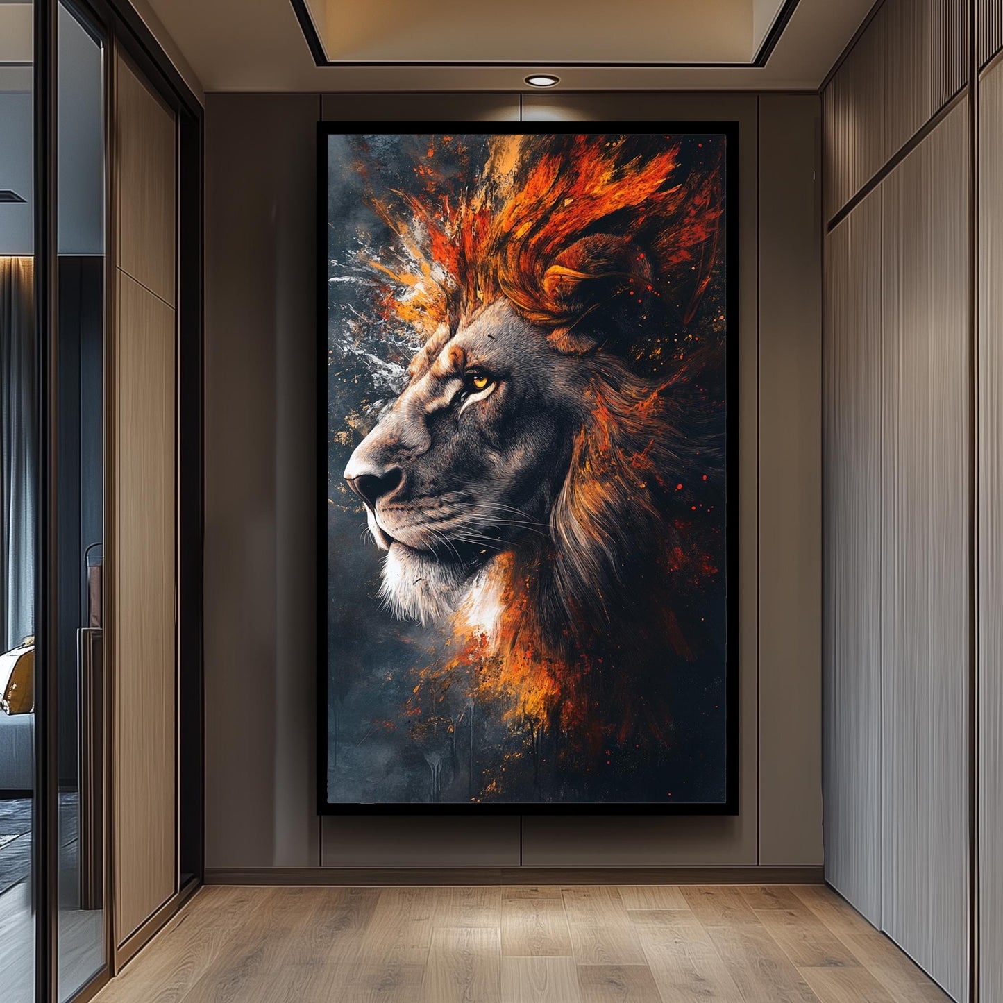 Fiery Surreal Lion Portrait Wall Art in Bold Abstract Brushstroke Style with Flames and Smoke for Powerful and Modern Animal Decor, Lion Art
