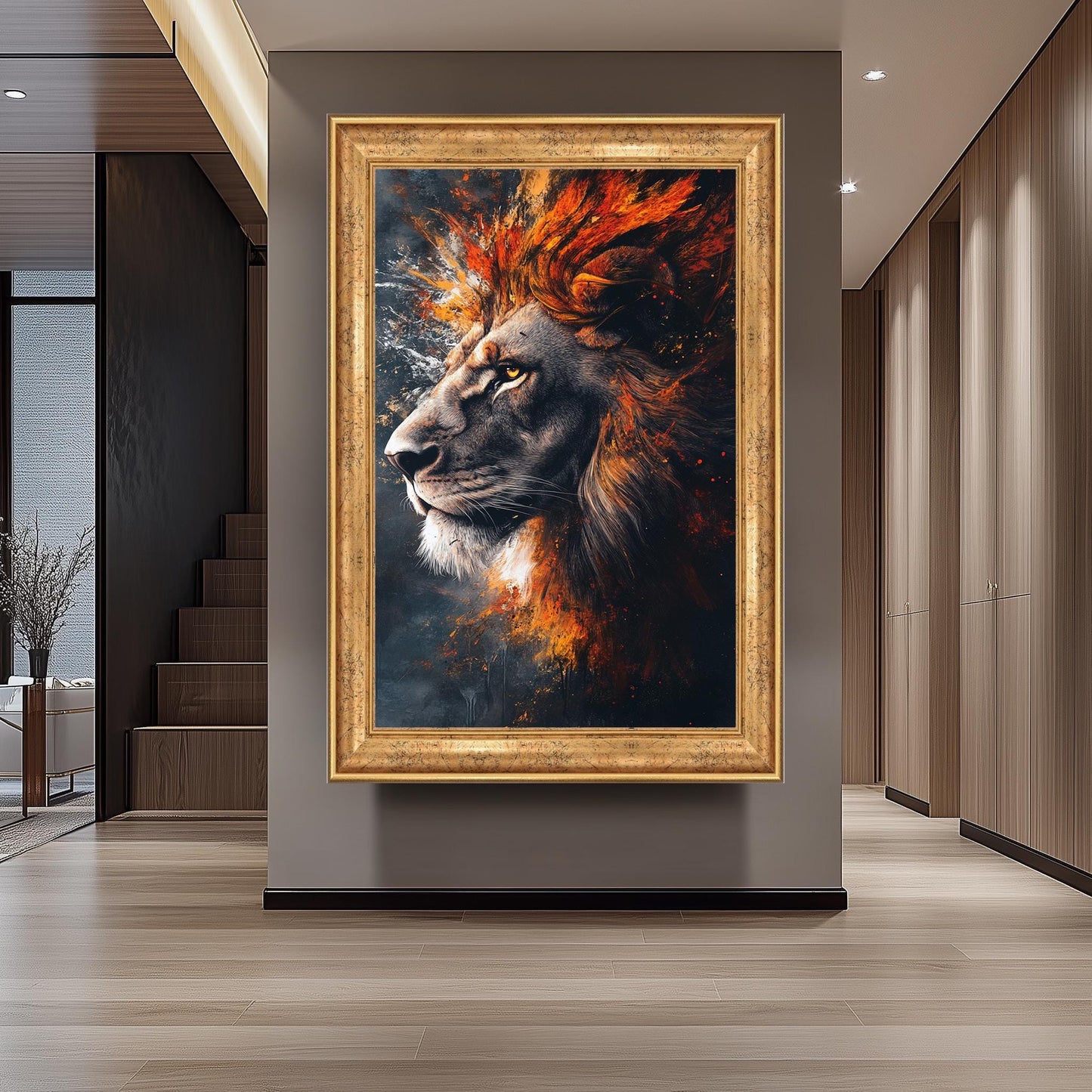 Fiery Surreal Lion Portrait Wall Art in Bold Abstract Brushstroke Style with Flames and Smoke for Powerful and Modern Animal Decor, Lion Art