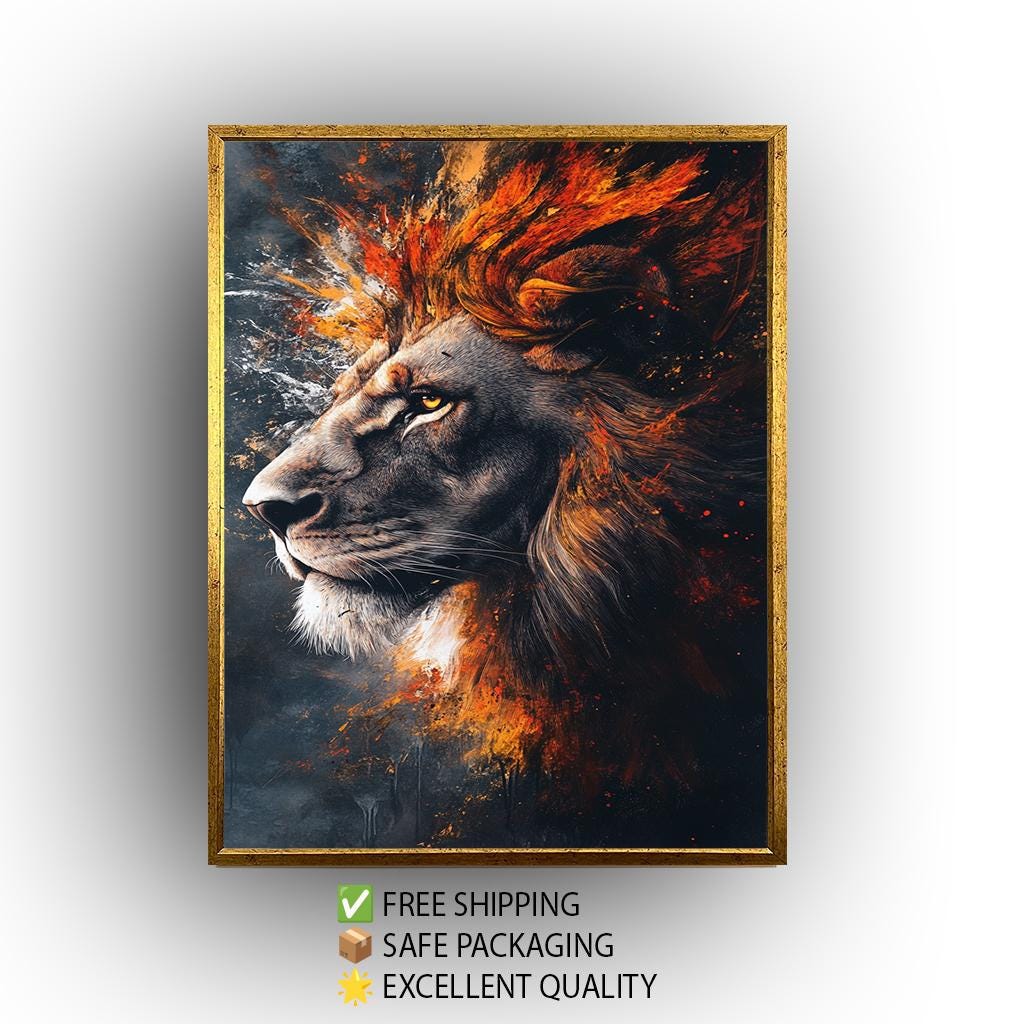 Fiery Surreal Lion Portrait Wall Art in Bold Abstract Brushstroke Style with Flames and Smoke for Powerful and Modern Animal Decor, Lion Art