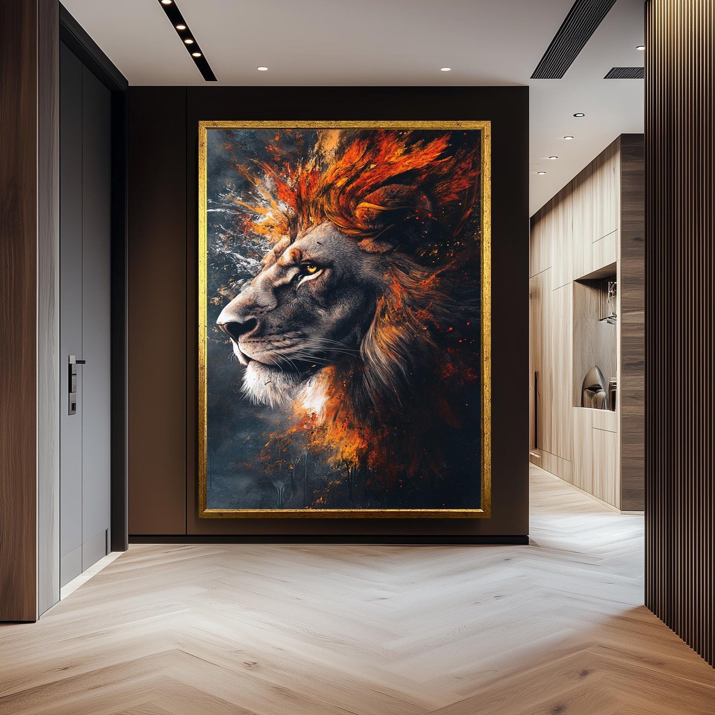 Fiery Surreal Lion Portrait Wall Art in Bold Abstract Brushstroke Style with Flames and Smoke for Powerful and Modern Animal Decor, Lion Art