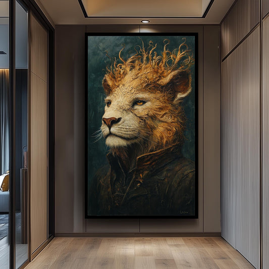 Majestic Surreal Lion Portrait Painting in Regal Coat with Flowing Mane Fantasy Style Wall Art Animal Illustration Digital Artwork  Lion Art