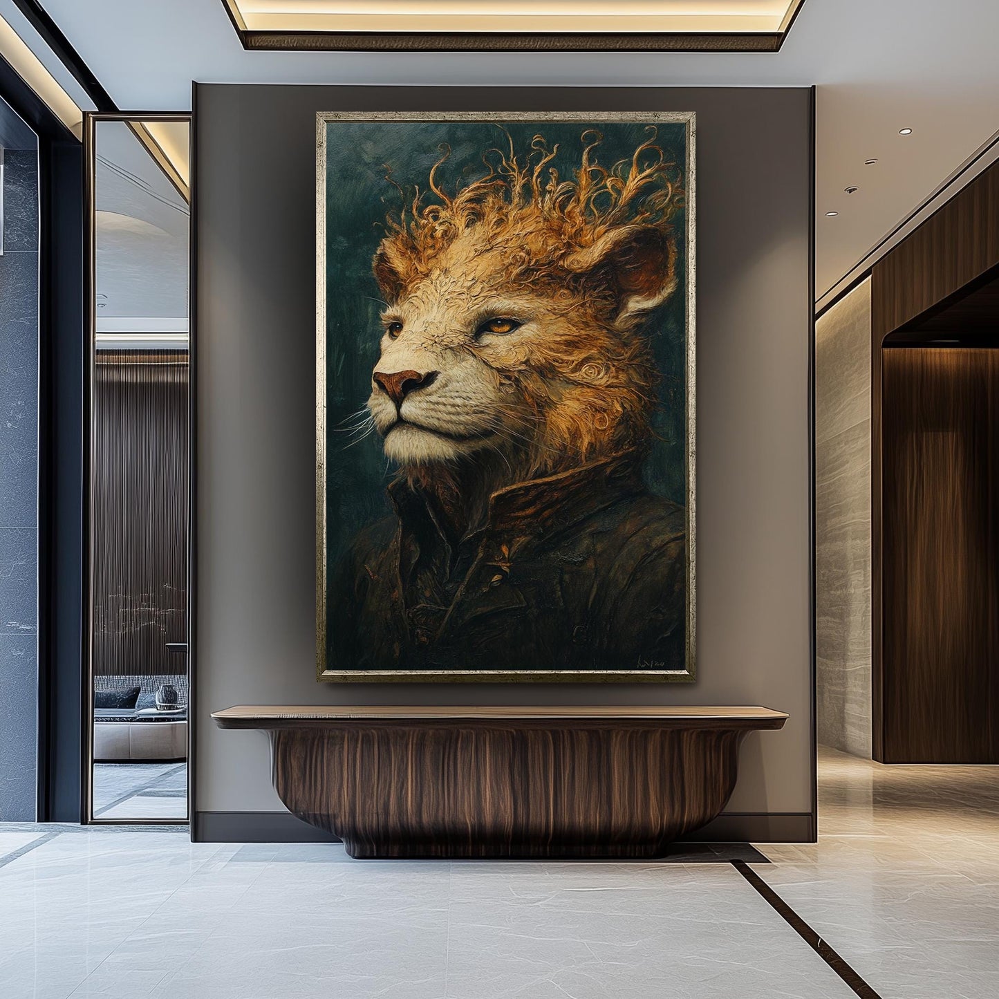 Majestic Surreal Lion Portrait Painting in Regal Coat with Flowing Mane Fantasy Style Wall Art Animal Illustration Digital Artwork  Lion Art