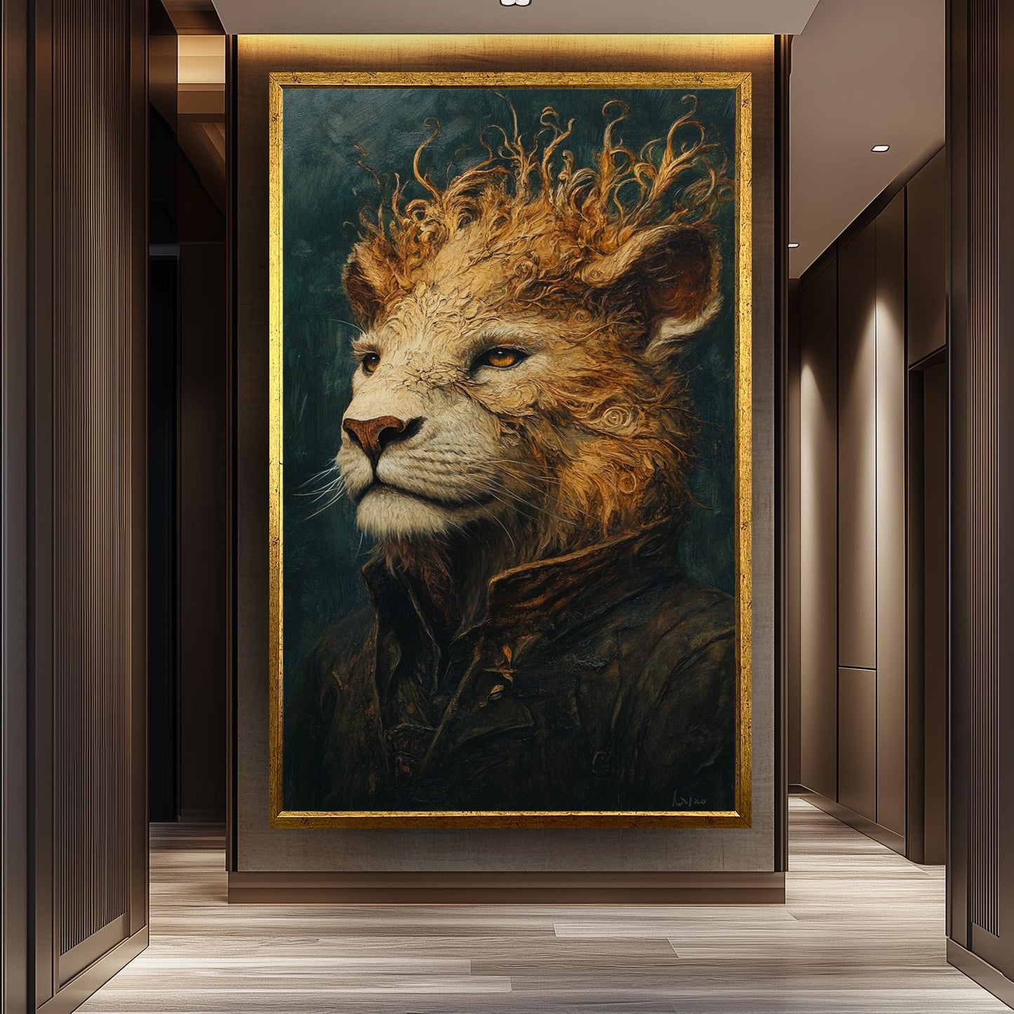 Majestic Surreal Lion Portrait Painting in Regal Coat with Flowing Mane Fantasy Style Wall Art Animal Illustration Digital Artwork  Lion Art