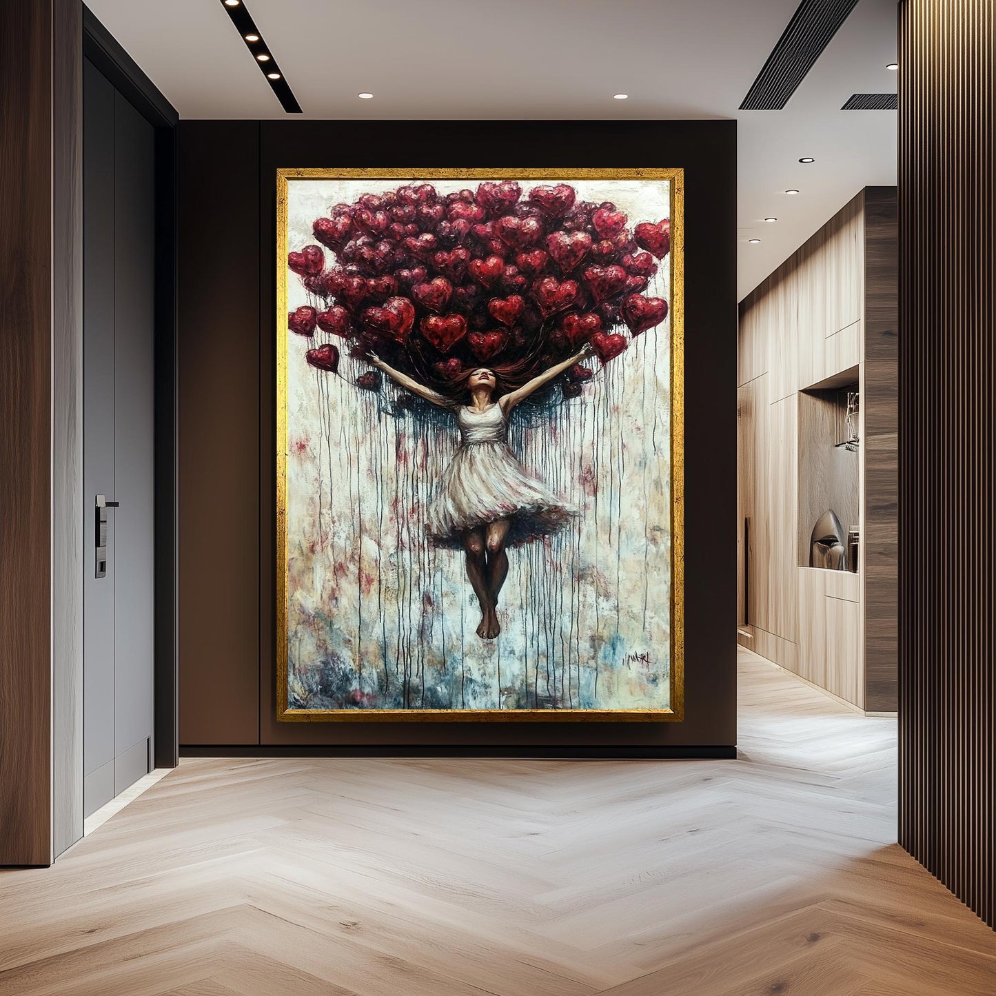 Woman with Heart Balloons Canvas Painting: Romantic Figurative Wall Art