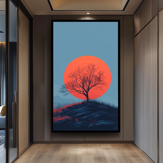 Minimalist Sunset Tree Canvas Print: Bold Red Sun Landscape