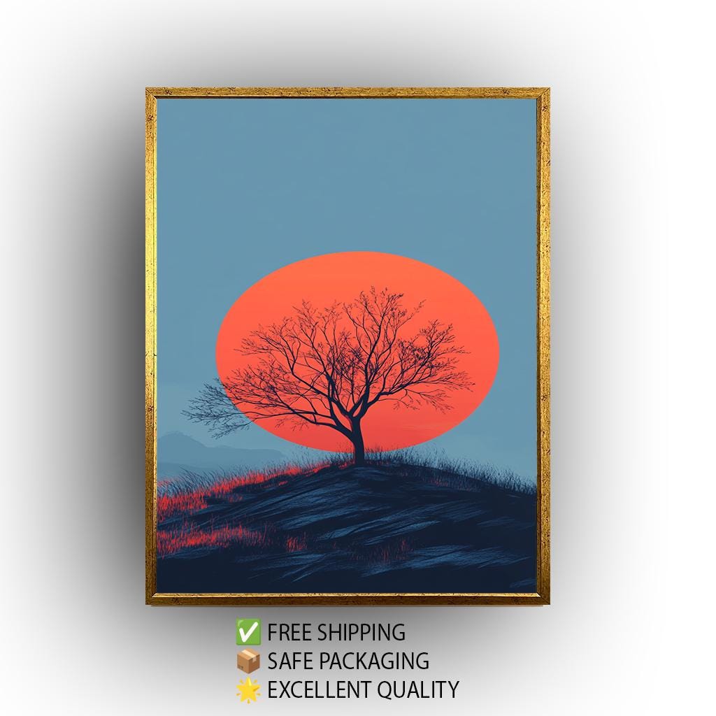 Minimalist Sunset Tree Canvas Print: Bold Red Sun Landscape