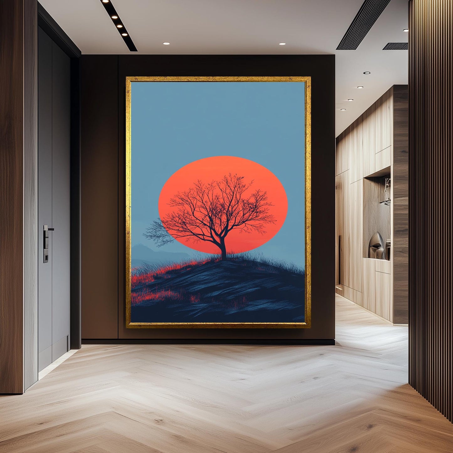 Minimalist Sunset Tree Canvas Print: Bold Red Sun Landscape