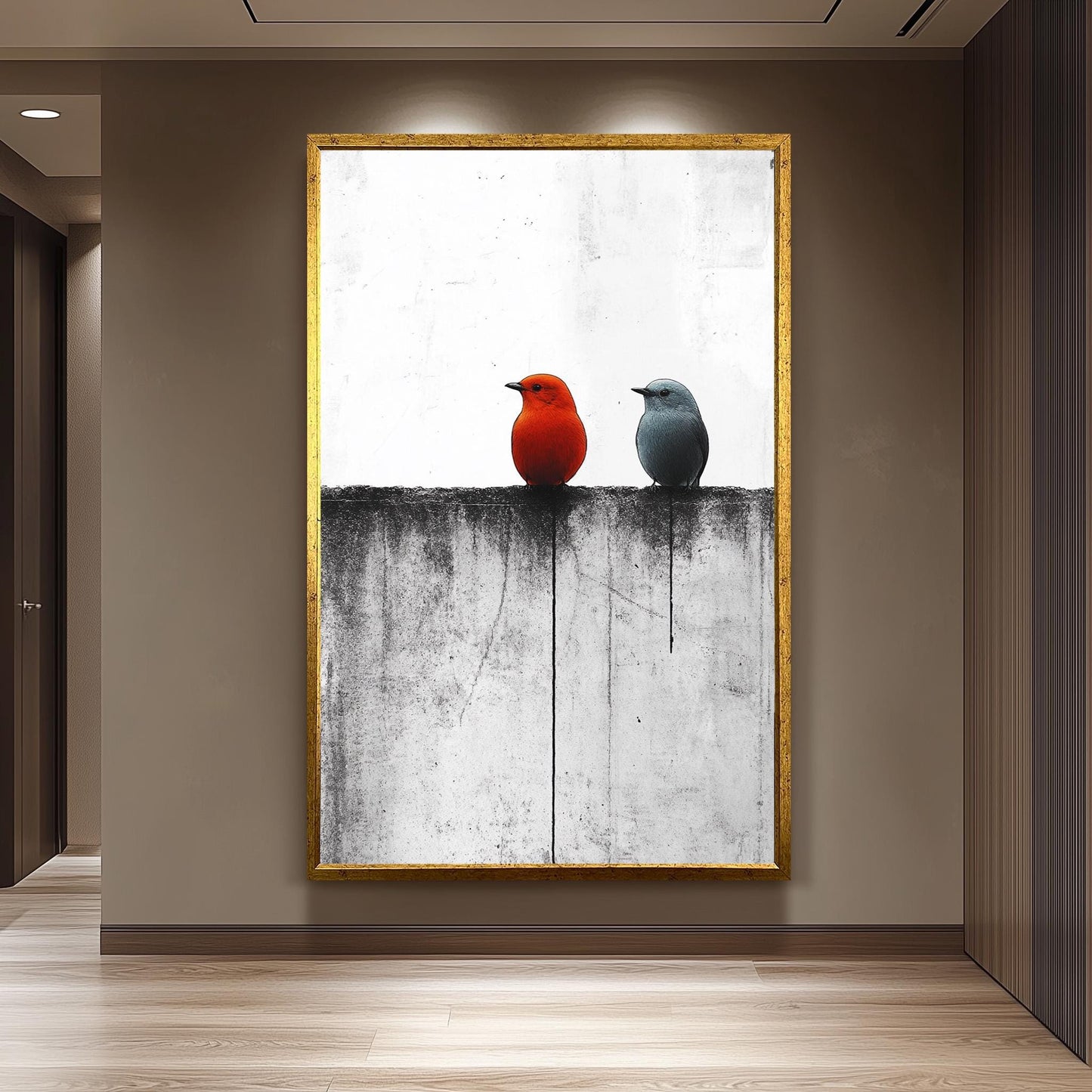Minimalist Bird Wall Art Red and Blue Birds on Monochrome Fence Canvas Print, Modern Contrast Animal Painting for Contemporary Home Décor