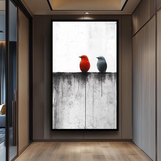Minimalist Bird Wall Art Red and Blue Birds on Monochrome Fence Canvas Print, Modern Contrast Animal Painting for Contemporary Home Décor
