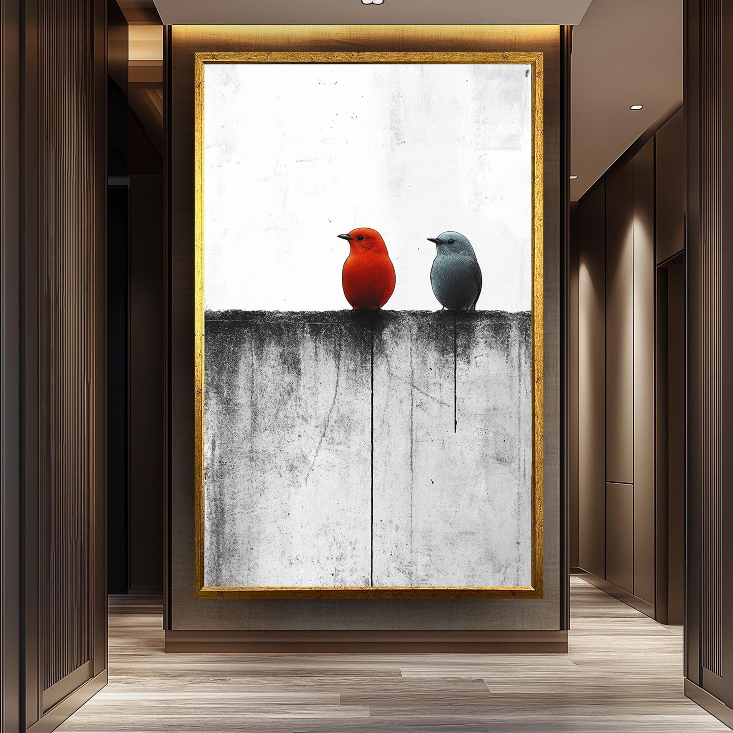 Minimalist Bird Wall Art Red and Blue Birds on Monochrome Fence Canvas Print, Modern Contrast Animal Painting for Contemporary Home Décor