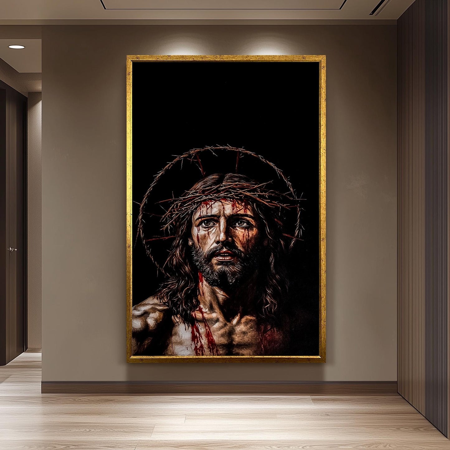 Jesus Crown of Thorns Wall Art Canvas Print, Powerful Religious Painting of Christ's Suffering with Dark Background for Spiritual Home Décor