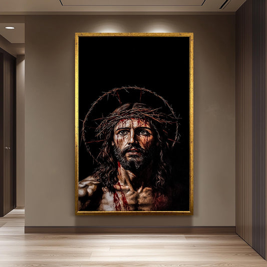 Jesus Crown of Thorns Wall Art Canvas Print, Powerful Religious Painting of Christ's Suffering with Dark Background for Spiritual Home Décor