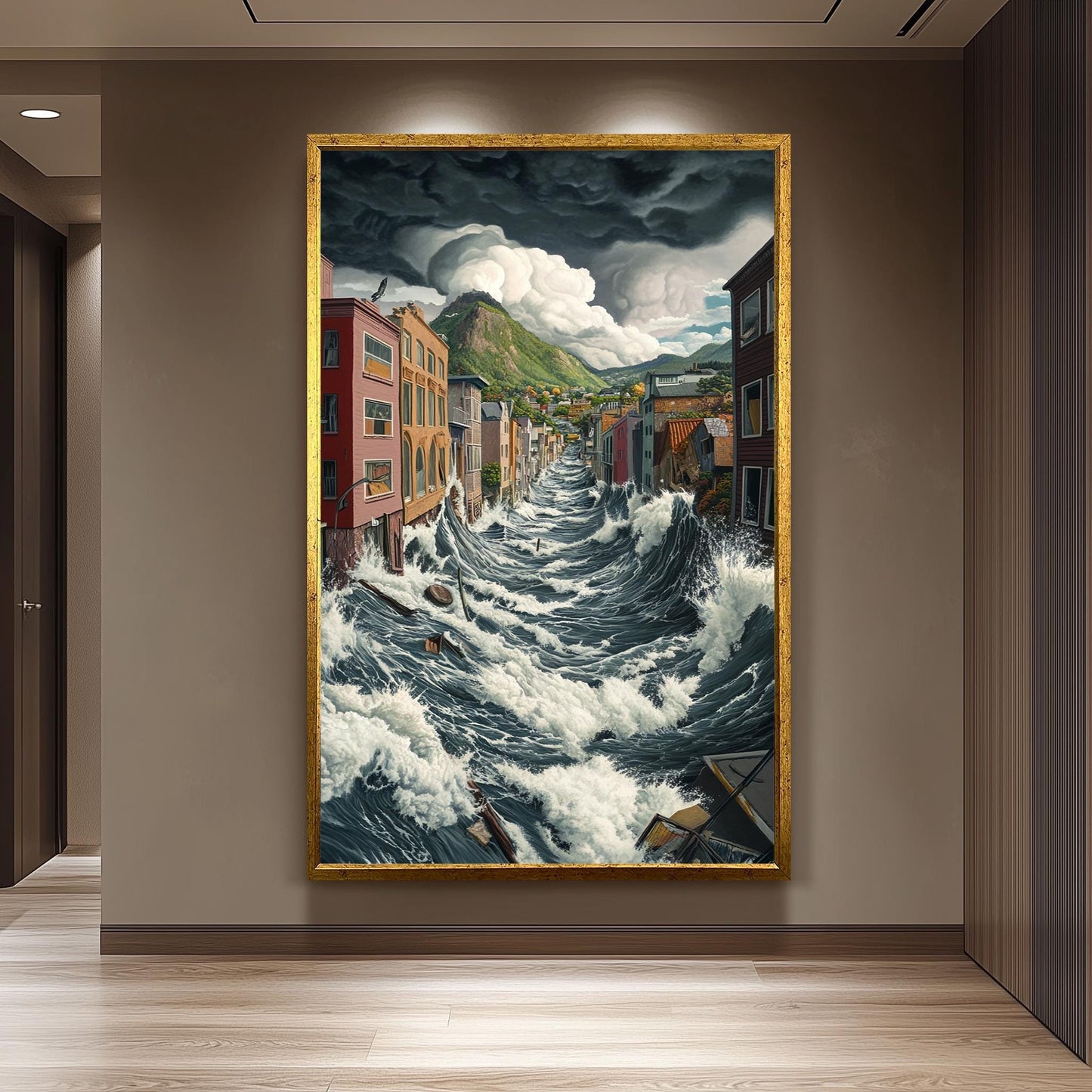Surreal Flood Wave Canvas Print: Dramatic Cityscape Wall Art