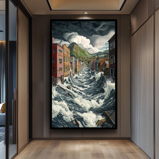 Surreal Flood Wave Canvas Print: Dramatic Cityscape Wall Art