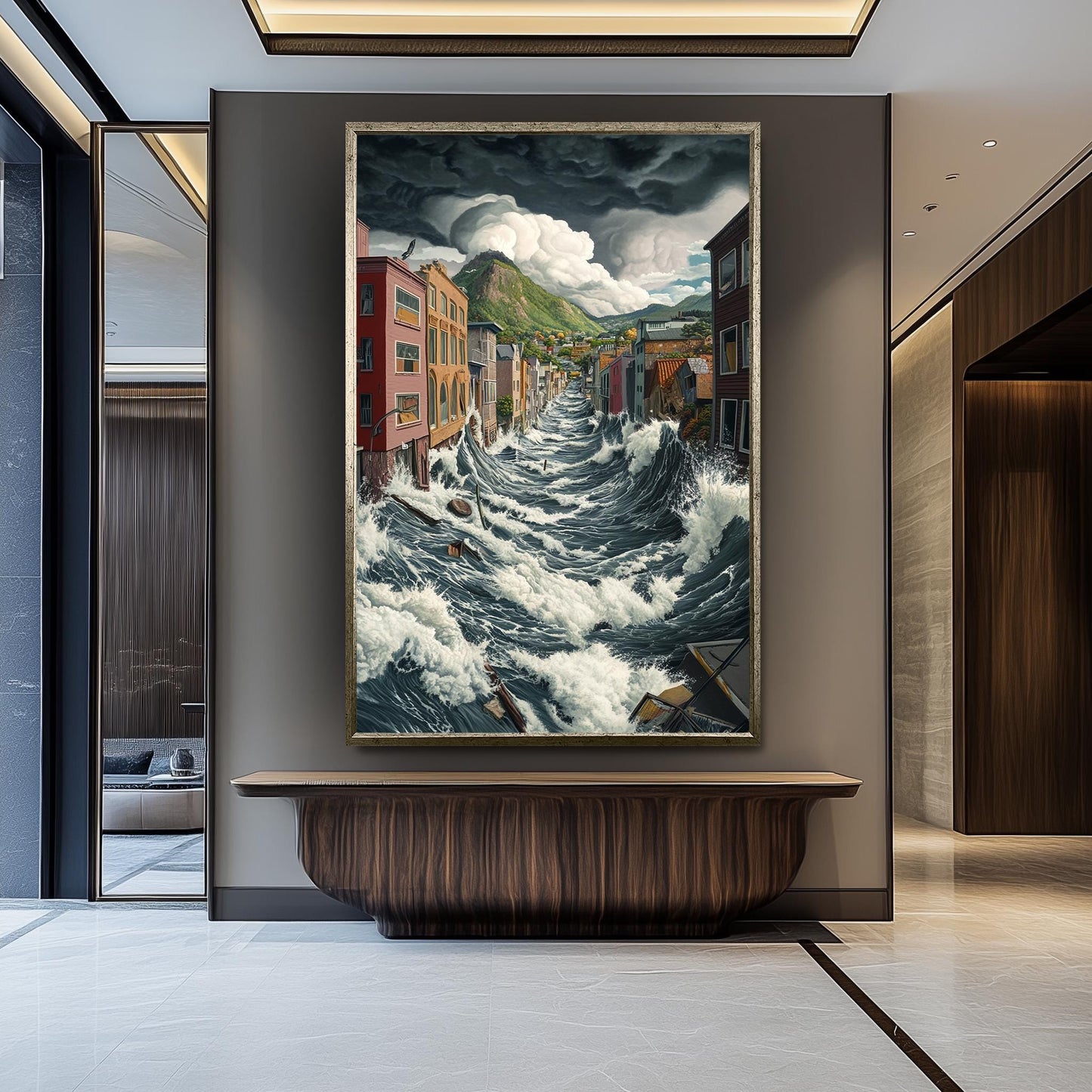 Surreal Flood Wave Canvas Print: Dramatic Cityscape Wall Art