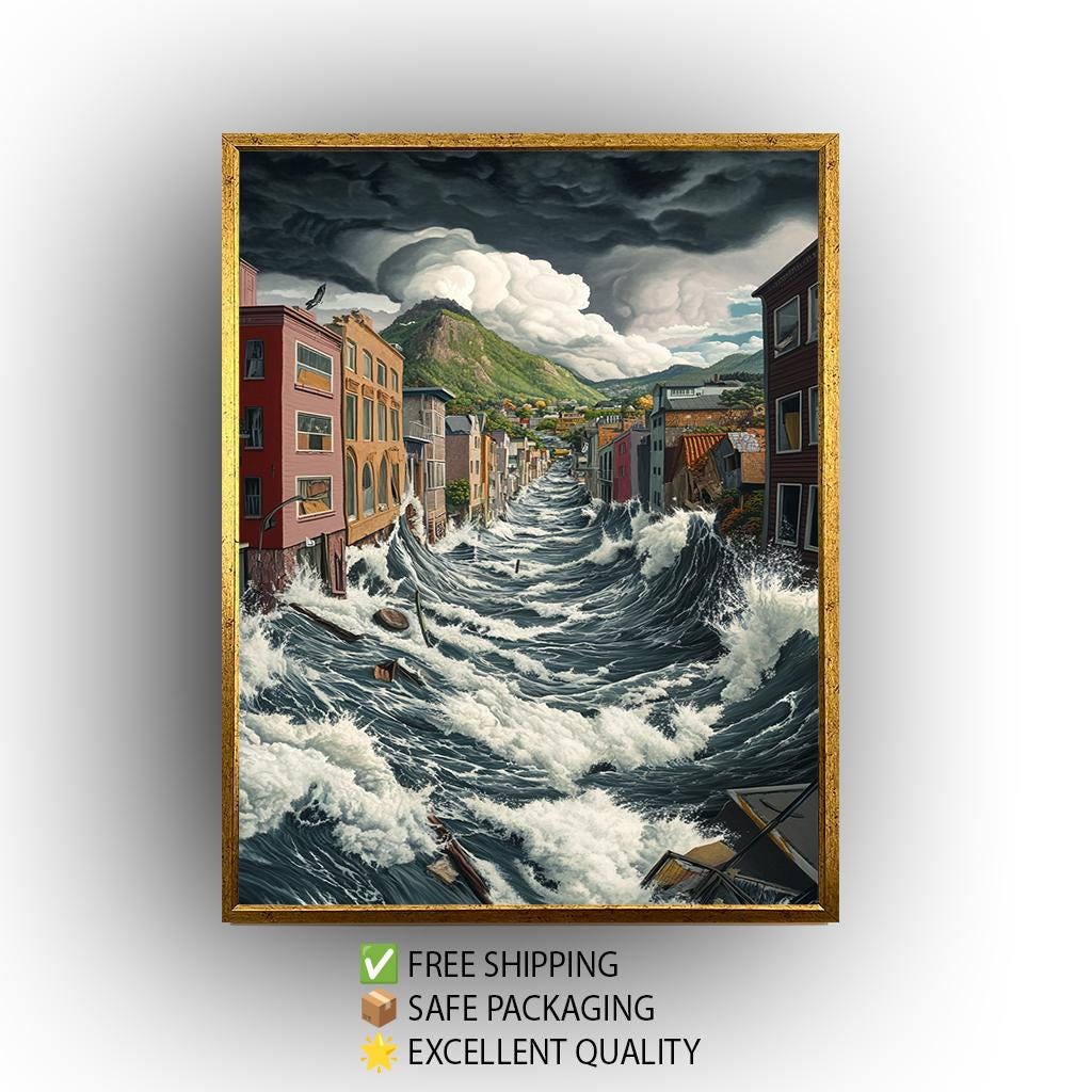 Surreal Flood Wave Canvas Print: Dramatic Cityscape Wall Art