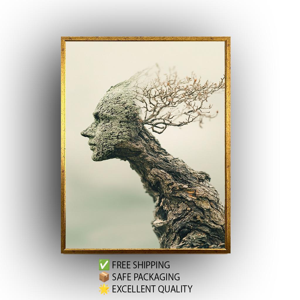 Surreal Tree Human Face Wall Art Nature Spirit Canvas Print, Abstract Wooden Sculpture Portrait for Organic and Earthy Home Décor, Tree Art