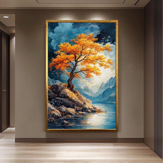 Golden Tree Landscape Wall Art Autumn Mountain Lake Canvas Print, Vibrant Nature Painting with Blue Sky and Rocky Shore for Home Décor