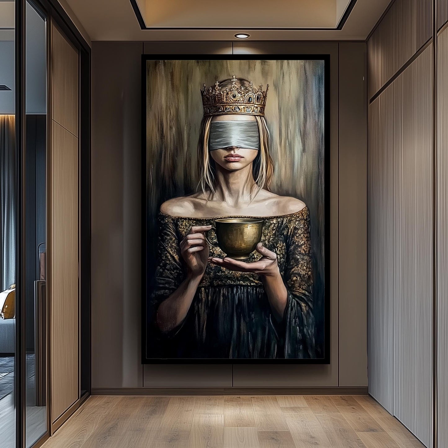 Blindfolded Queen Wall Art Regal Woman Holding Golden Cup Canvas Print, Mysterious Symbolic Oil Painting for Elegant and Dark Modern Décor