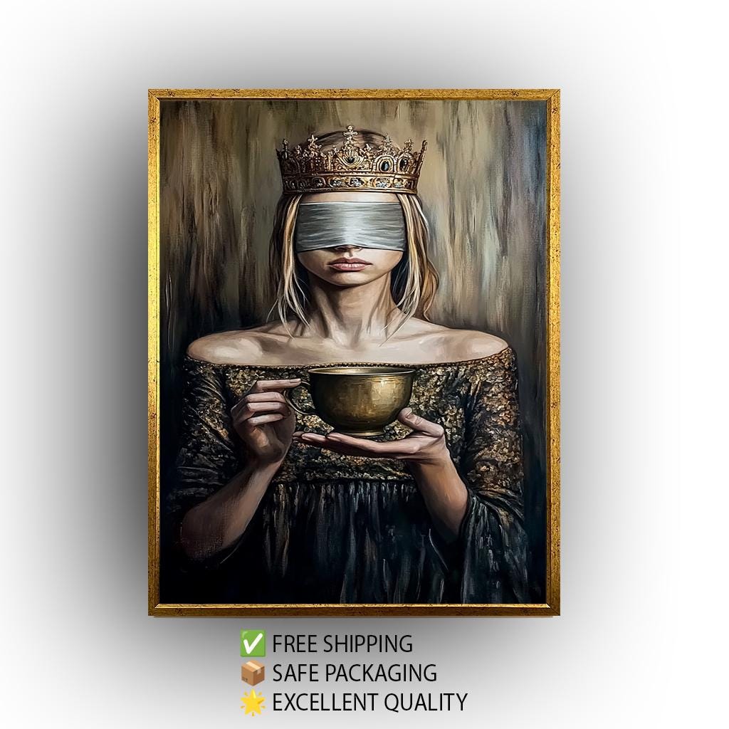 Blindfolded Queen Wall Art Regal Woman Holding Golden Cup Canvas Print, Mysterious Symbolic Oil Painting for Elegant and Dark Modern Décor