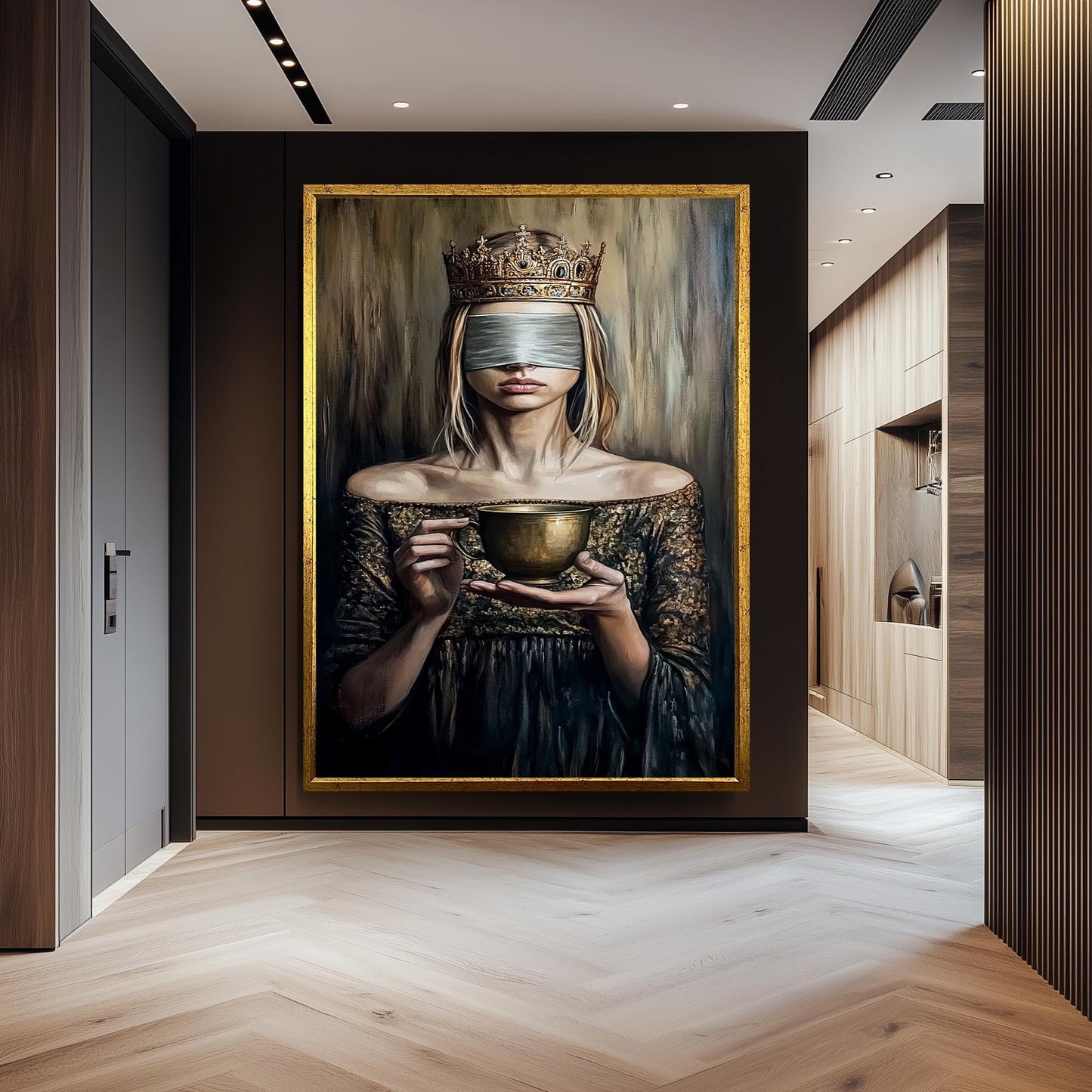 Blindfolded Queen Wall Art Regal Woman Holding Golden Cup Canvas Print, Mysterious Symbolic Oil Painting for Elegant and Dark Modern Décor